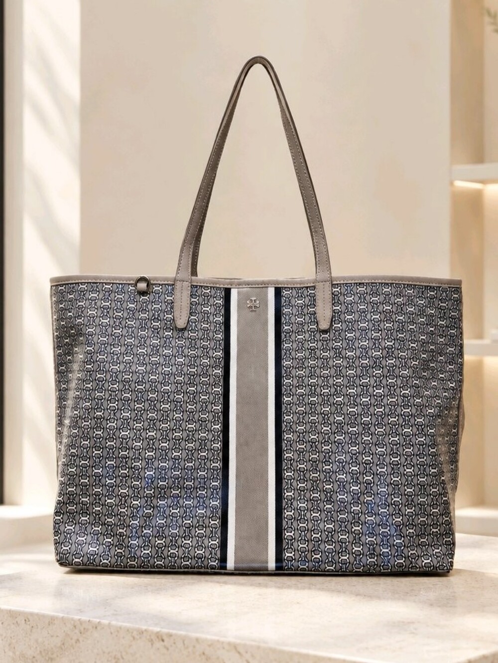 Tory Burch Gemini Link Tote Grey Monogram Stripe Tote Gray/Navy